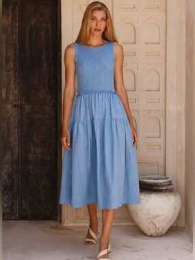 Time & Tru Blue Striped Smocked Midi Maxi Dress Sleeveless Plus 2-XL NWOT